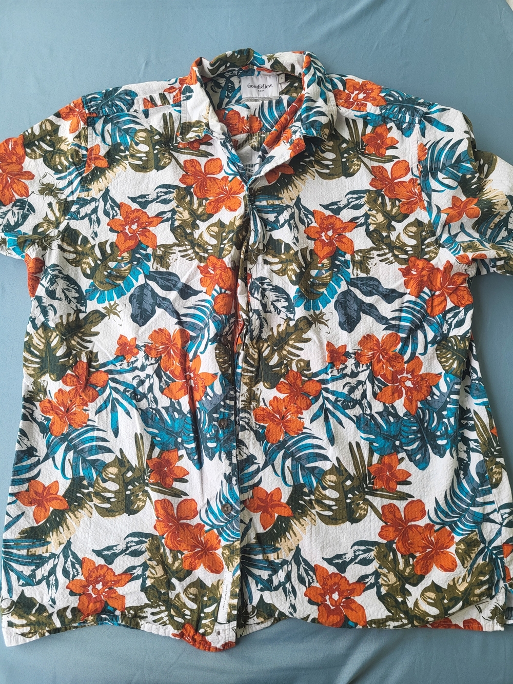 Goodfellow & Co White Short-Sleeve Floral Button-Down Shirt - Orange & Teal